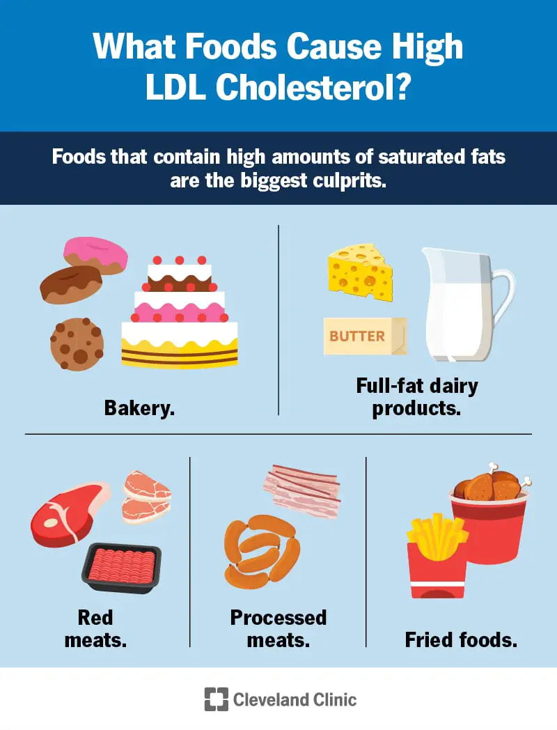 Infograafik, mis näitab kõrge küllastunud rasvasisaldusega toiduaineid, sh pagaritooted, täisrasvased piimatooted, punane liha, töödeldud liha ja praetud toidud.  Need toidud võivad tõsta teie LDL-kolesterooli taset.