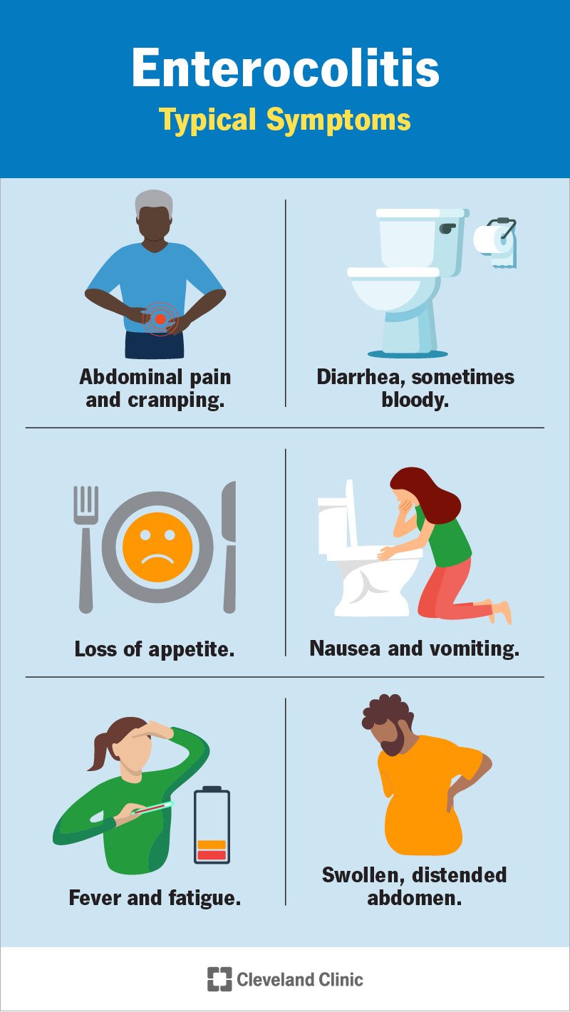 Enterokoliidi sümptomiteks on kõhuvalu ja iiveldus.
