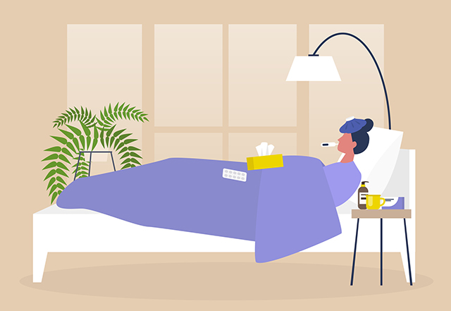 covid perekonna turvalisus – illustratsioon naisest voodis, kellel on palavik